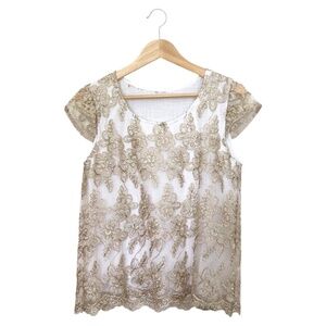 NWOT. Embroidered Cap Sleeve Round Neck Lace Blouse. Beige. Size: Medium